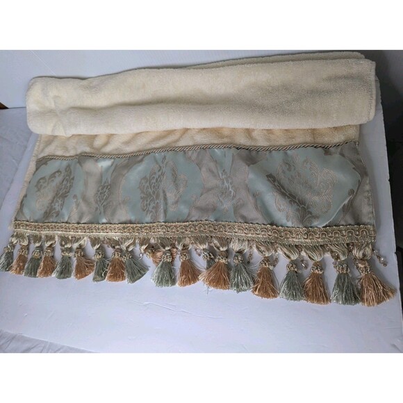 CROSCILL HOME Bath Towel Gold Tassel Fringe Trim Cream Blue Beaded Luxury Gift - Picture 1 of 4